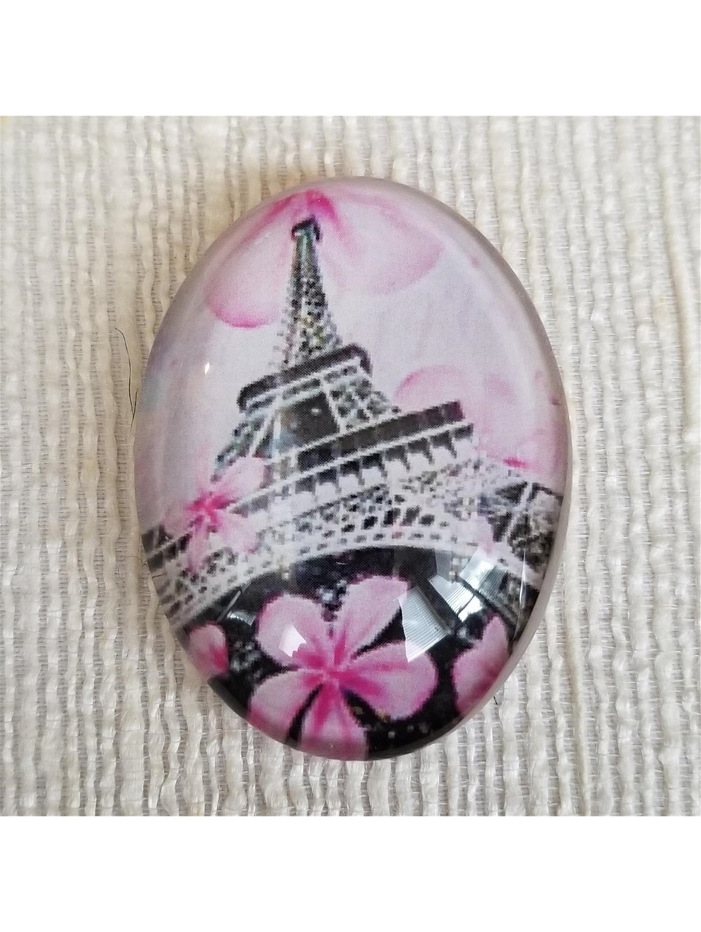 Vintage Style Eiffel Tower Paris Pink Flowers Travel Glass Oval Cabochon 40x30mm